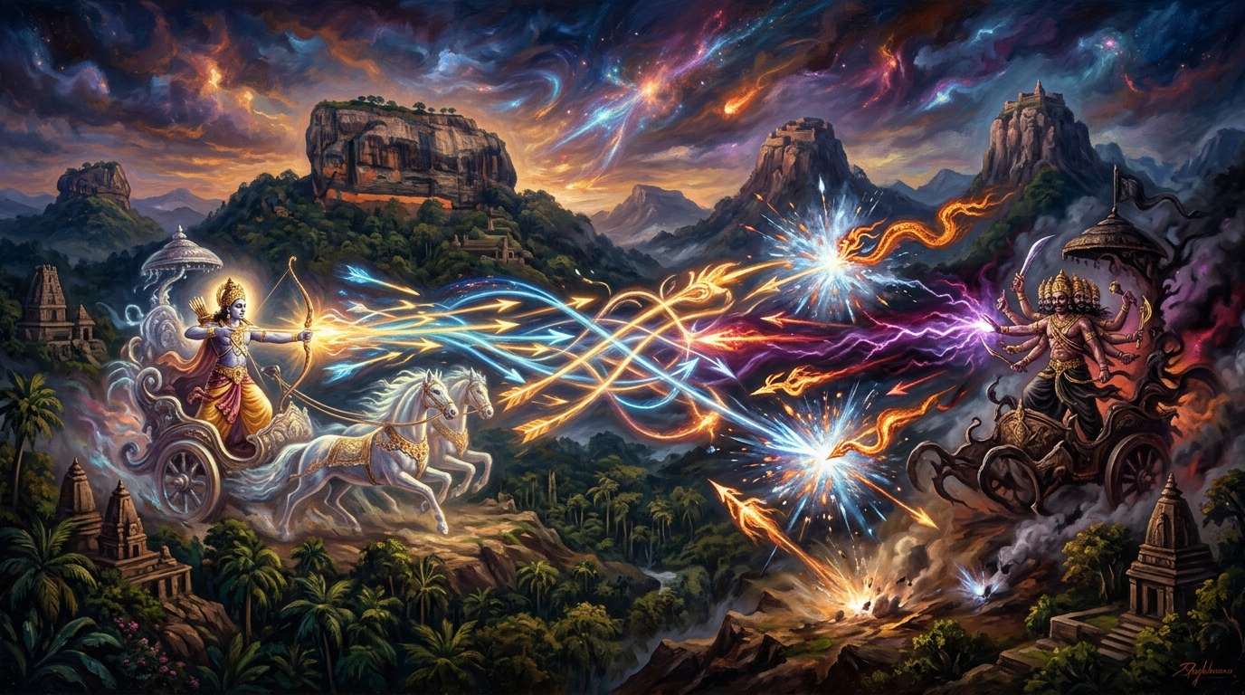 Illustration of the Ramayana astra war: Rama and ten-headed Ravana fire glowing weapons across Sigiriya and Sri Lanka's jungle hills