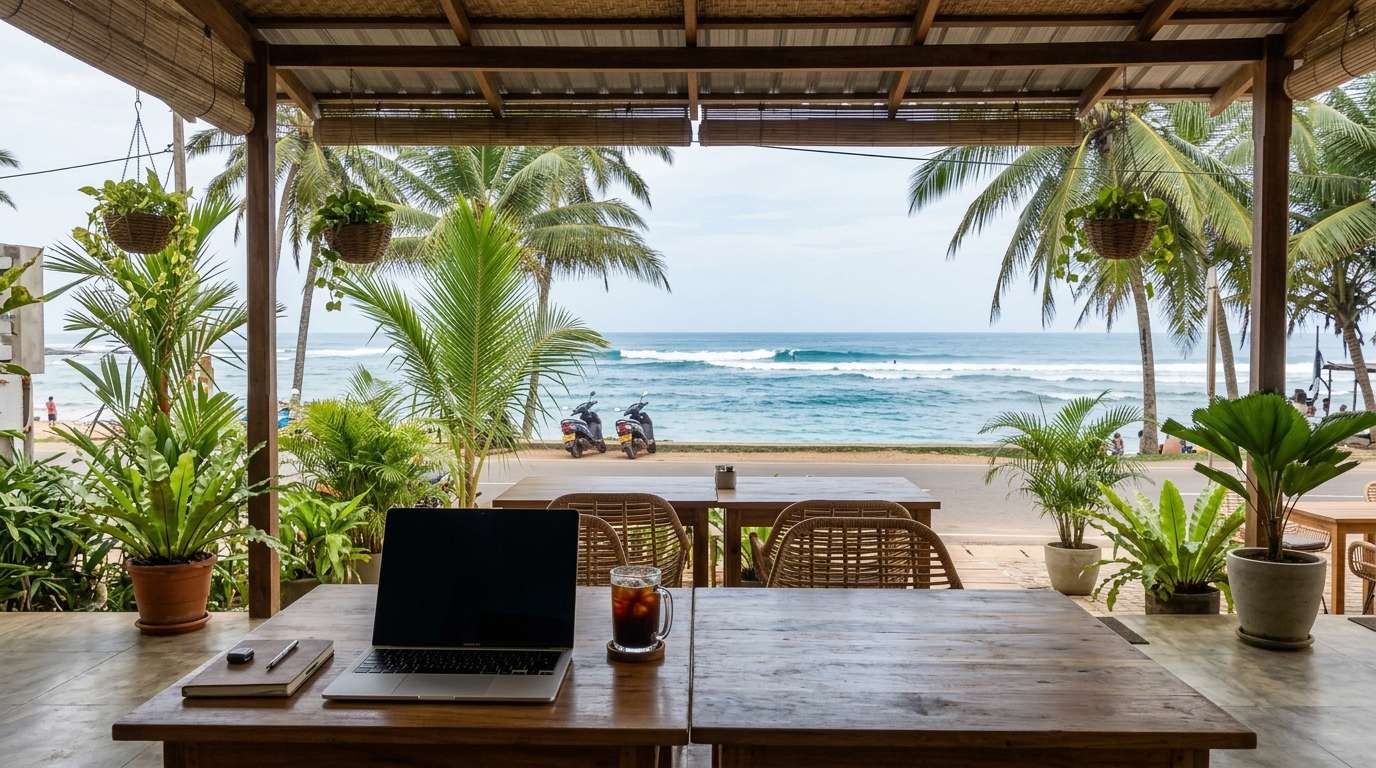 Illustration of a laptop and iced coffee in a garden café in Ahangama, Sri Lanka