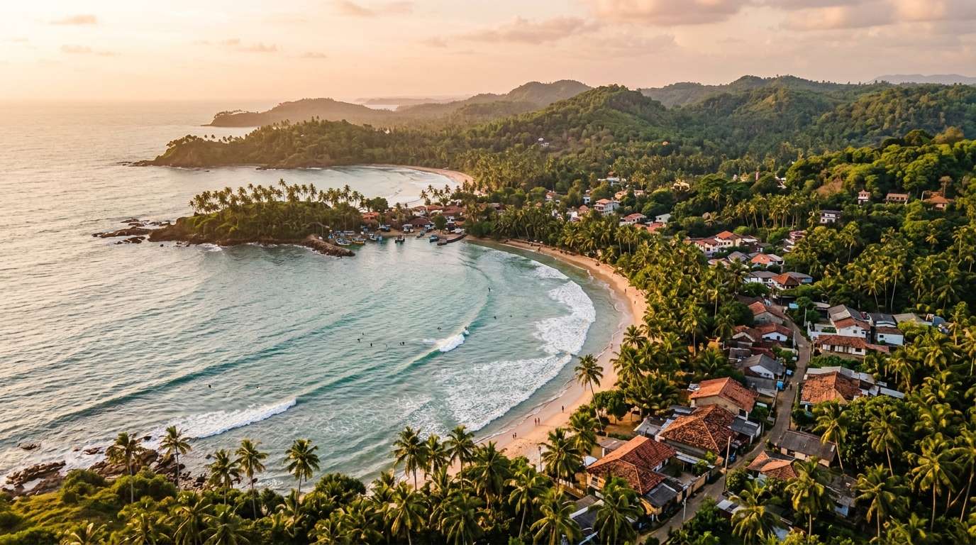 Illustration of a palm-lined bay and coastal town on Sri Lanka's south coast at golden hour