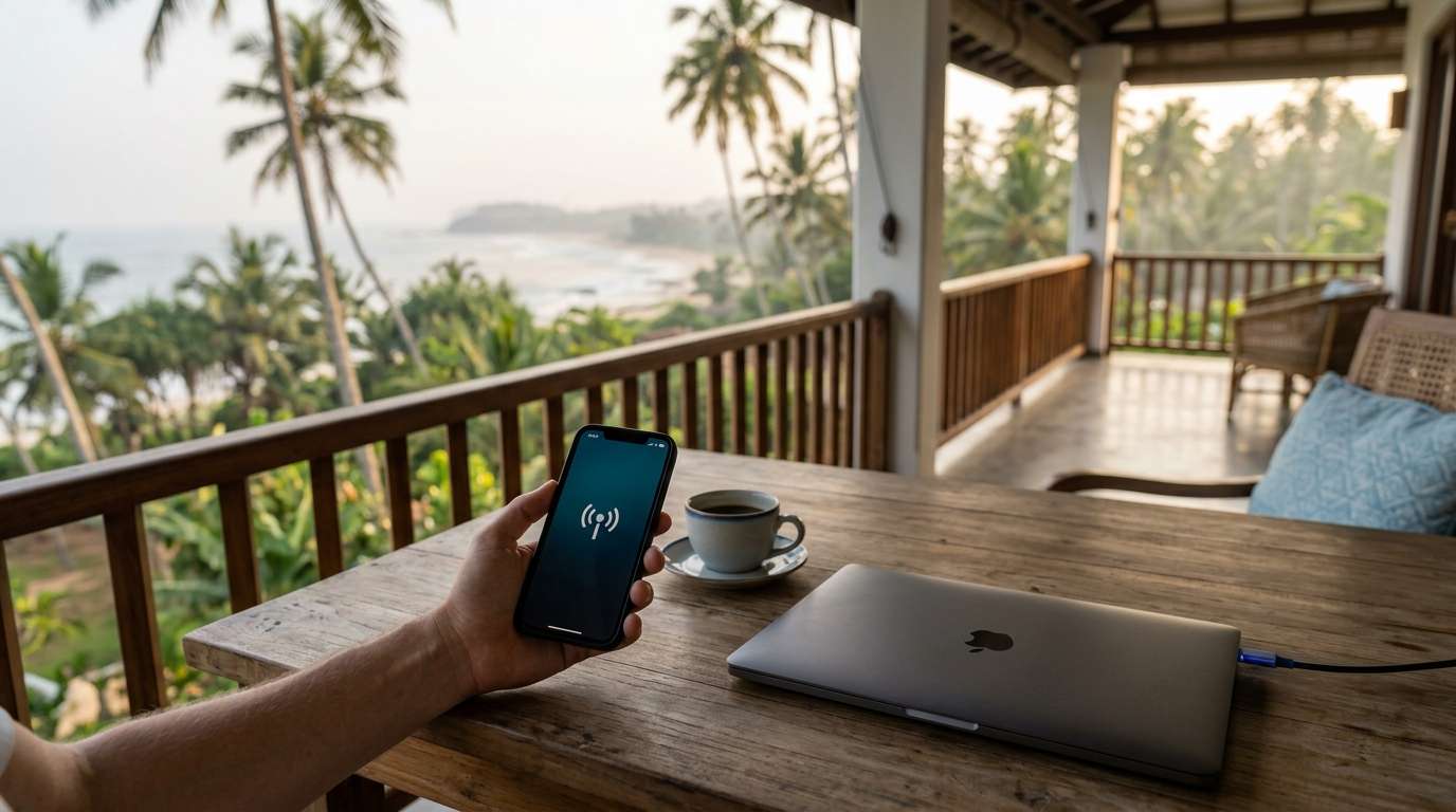 Illustration of a smartphone with a mobile hotspot next to a laptop on a Sri Lankan veranda