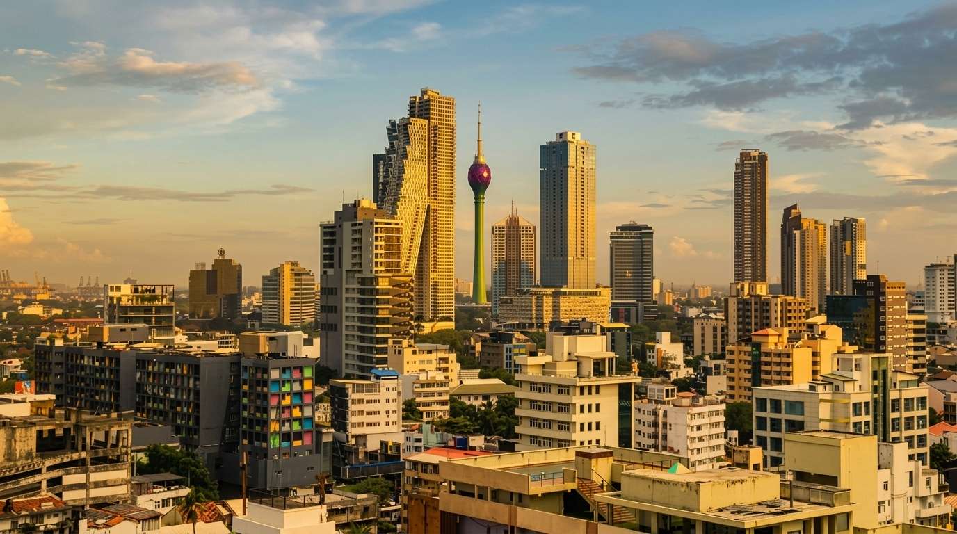 Illustration of the Colombo skyline and Galle Face promenade at golden hour