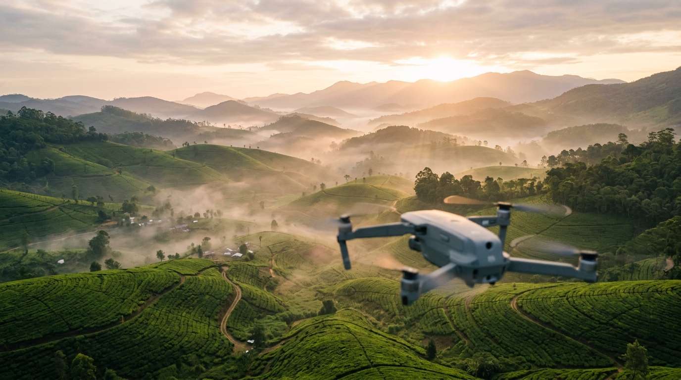 Illustration of a camera drone hovering above a misty tea plantation in Sri Lanka at sunrise