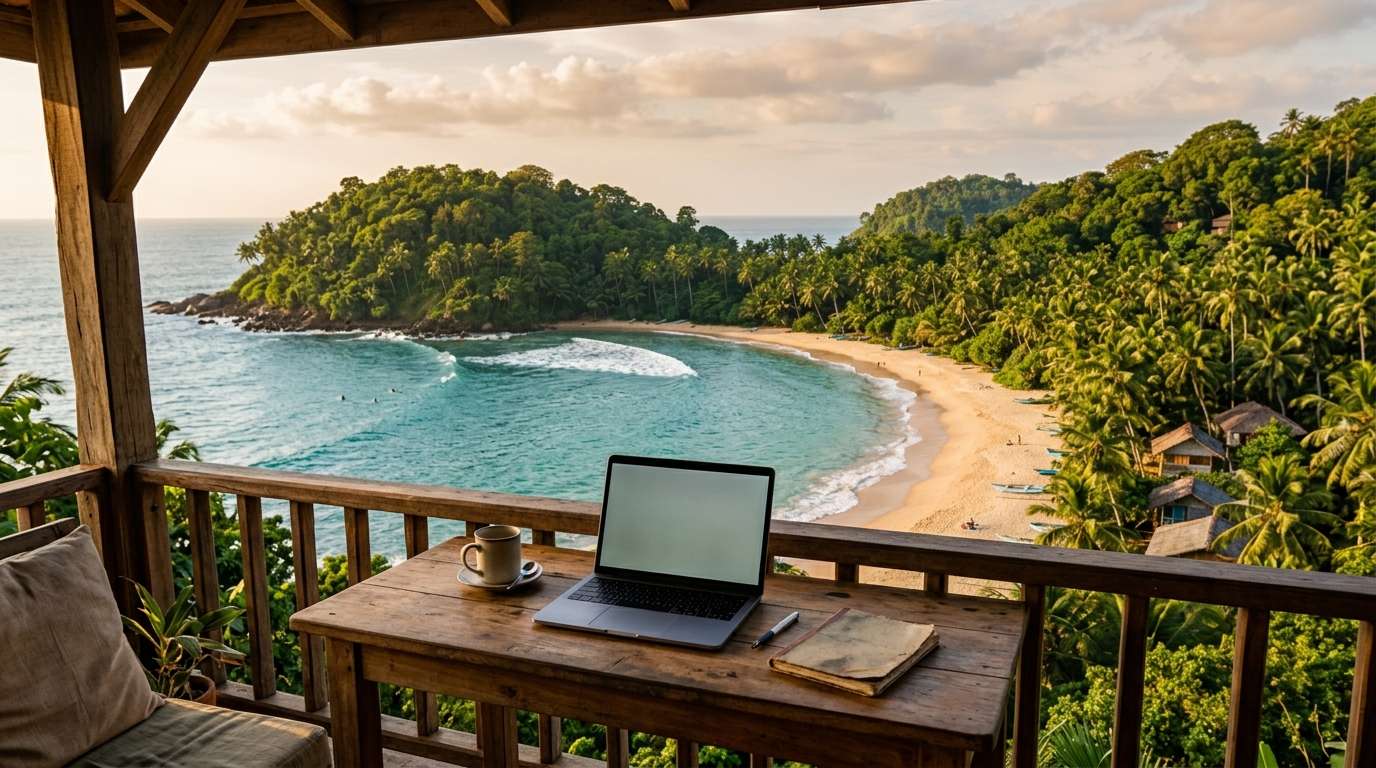 Illustration of a balcony desk overlooking Hiriketiya Bay, Sri Lanka
