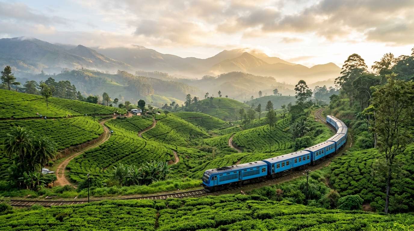 Illustration of a blue Sri Lankan train winding through misty hill-country tea plantations