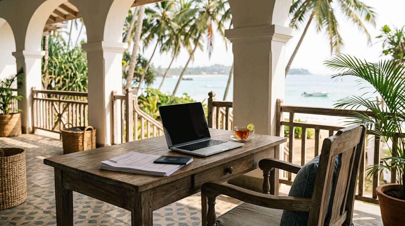 Illustration of a remote worker's desk with laptop and passport on a Sri Lankan villa veranda