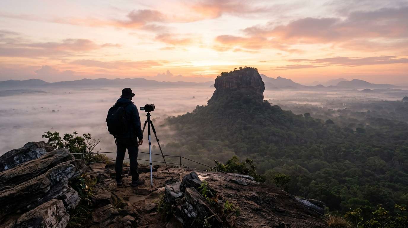 Illustration of a photographer at sunrise facing Sigiriya Lion Rock above misty jungle