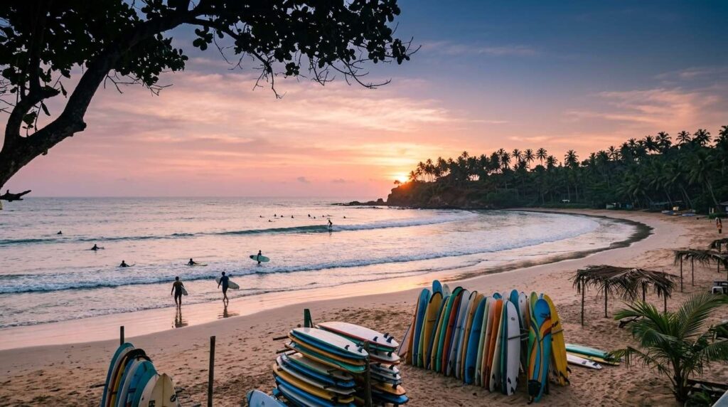 Weligama Bay with fishing boats and a curved beach