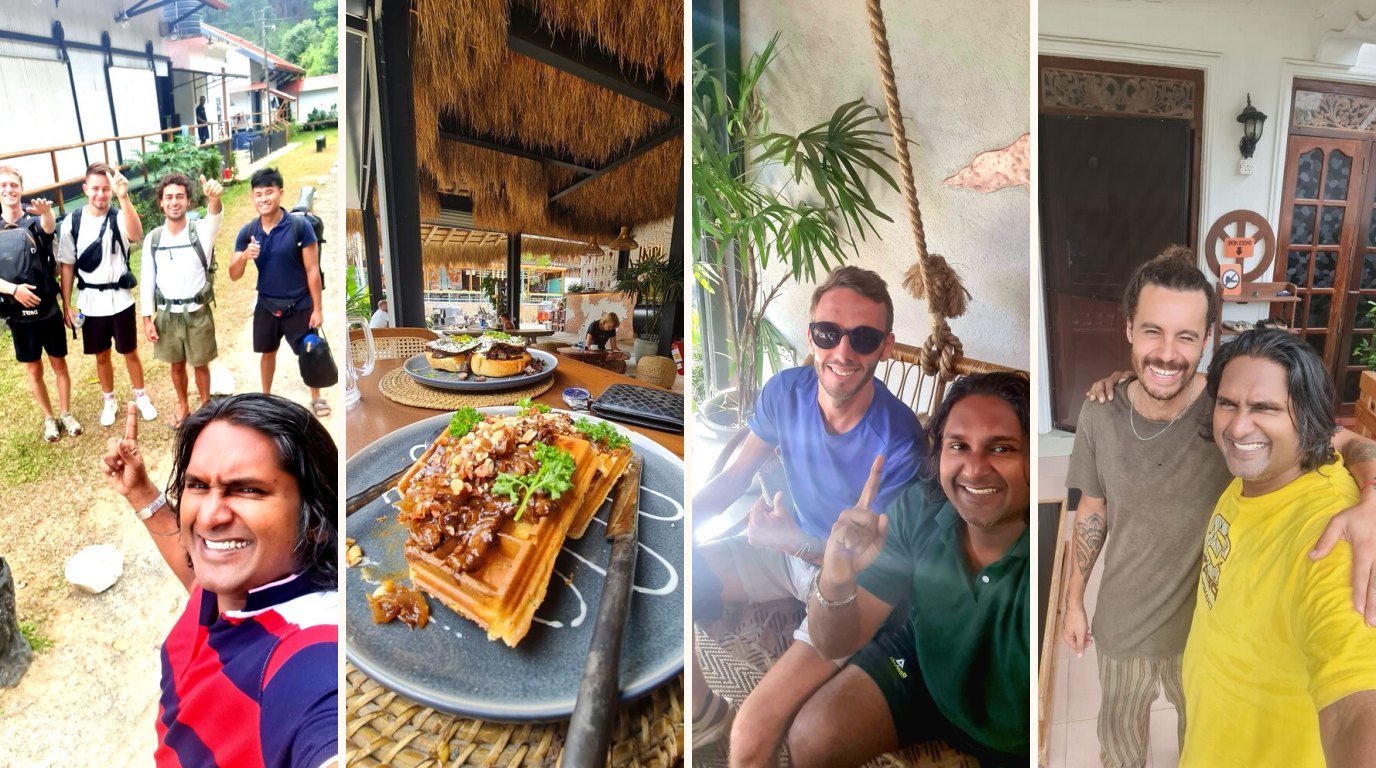 A collage of hikers on a hill country road, a café brunch and selfies of Chamara with friends he met traveling in Sri Lanka