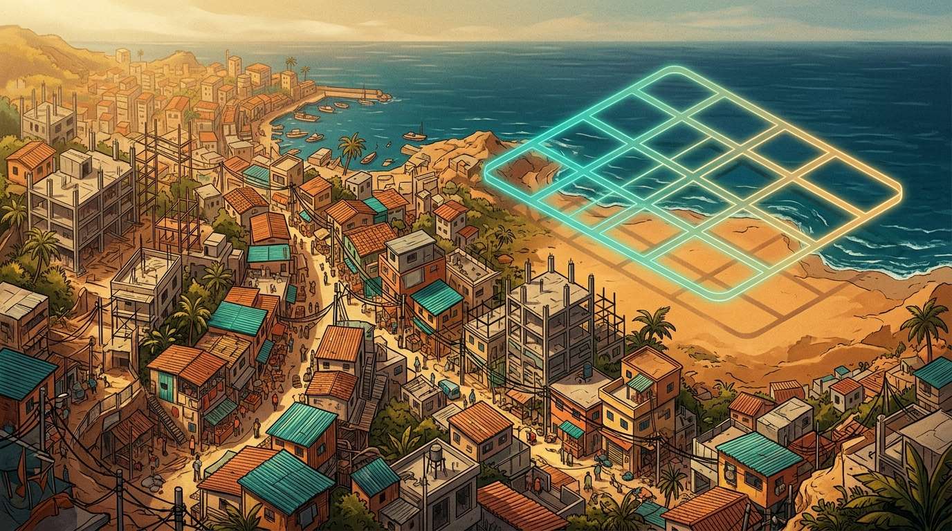 Aerial illustration of a city that grew without a plan, with one glowing line of a plan beside it.