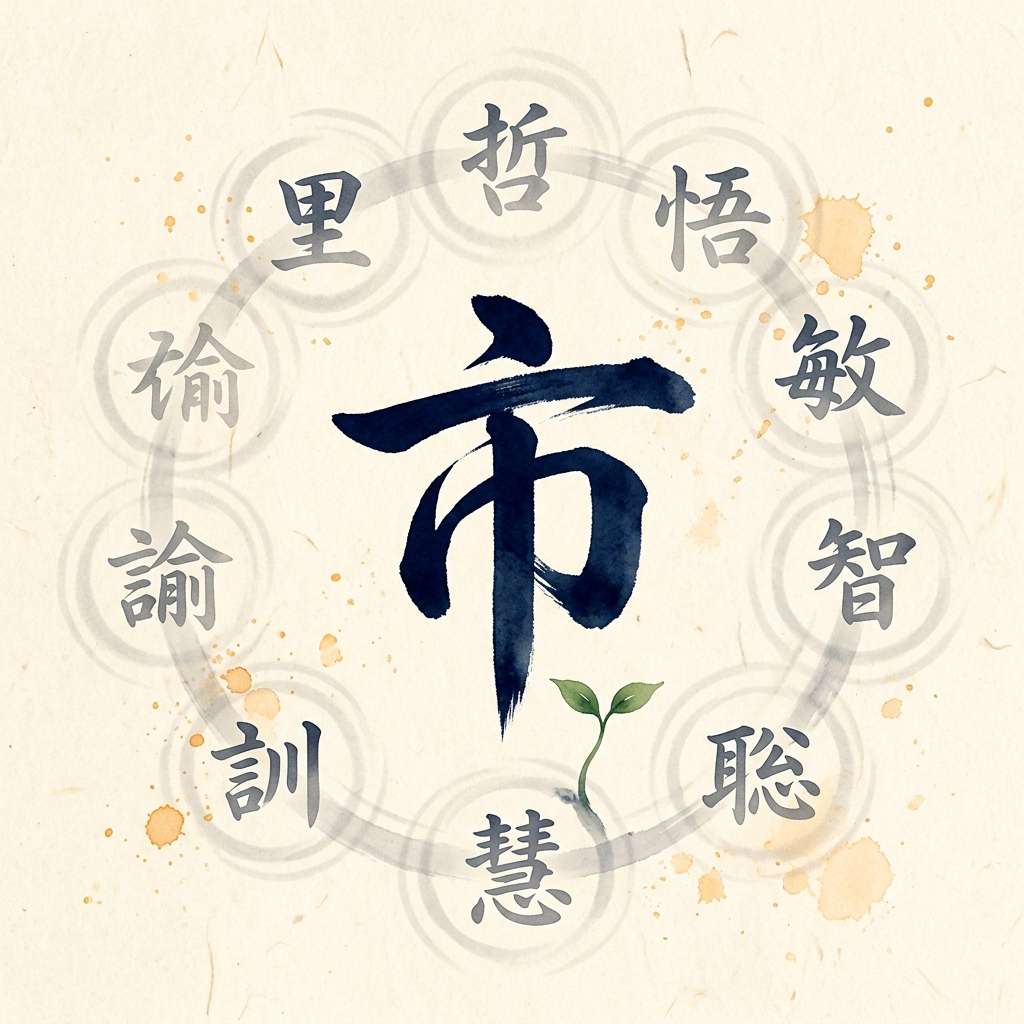 The kanji city, encircled by nine other ways to write Satoshi