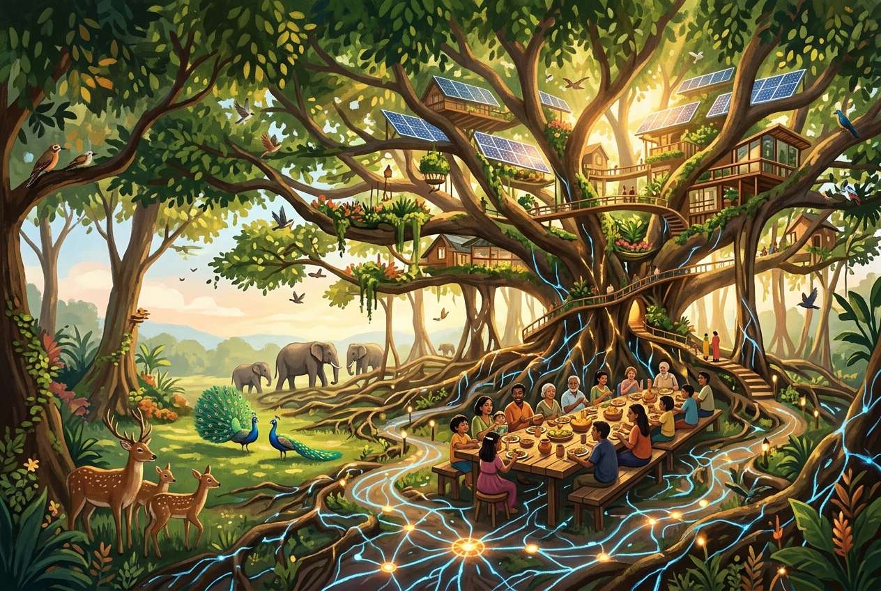A giant banyan-like tree whose branches carry homes and gardens, with people sharing a table beneath it while deer, peacocks and elephants live alongside