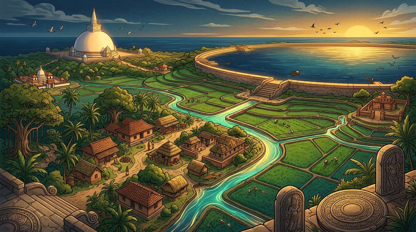 Illustration of an ancient Sri Lankan reservoir, paddy fields, village and stupa joined by a ribbon of light.
